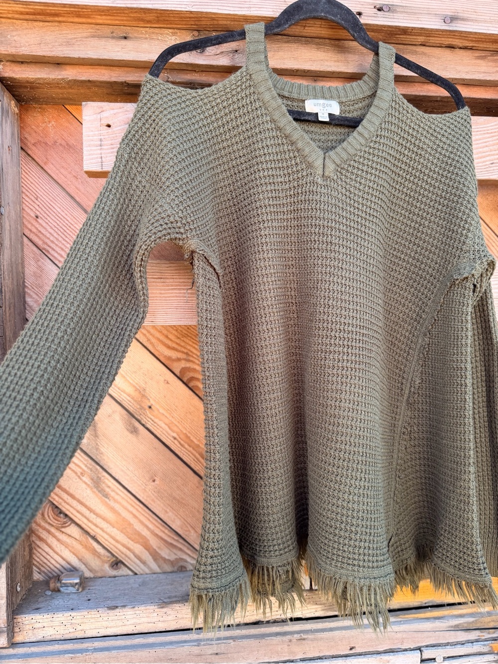 Umgee Olive Cold-Shoulder Waffle Knit Sweater - Picture 2 of 5
